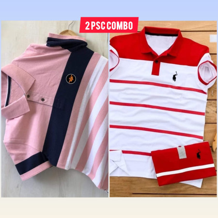 2 psc combo Cotton Polo Shirt (Pink Strips+White Red Strips)
