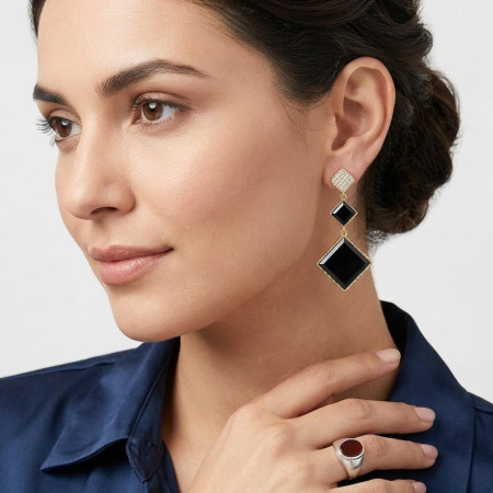 Black Enamel Geometric Drop Earrings -146